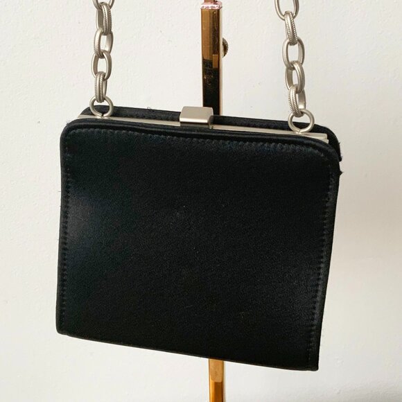 Mini Black Satin Handbag with Silver Chain Top Handle - Picture 2 of 10